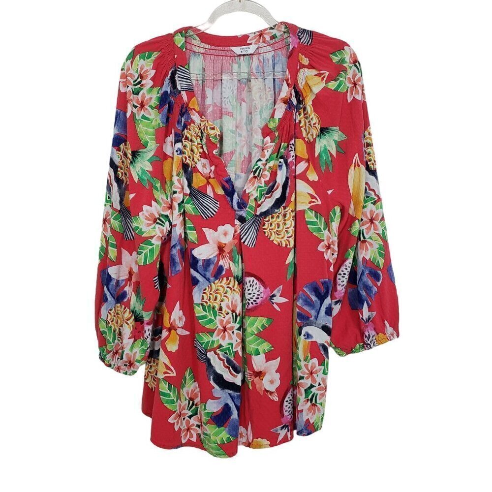Crown & Ivy Floral Peasant Top Fruit Birds Smocked Textured Tropical Women Sz 1X